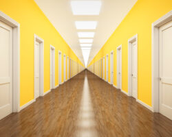 Corridor with several white doors | DG Pinnacle TPO - Wholesale Division | Miami Mortgage Lender