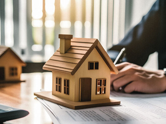 Model house on an office desk and male hands behind - FHA Matrix Mortgage Loans | DG Pinnacle TPO - Wholesale Division | Miami Mortgage Lender