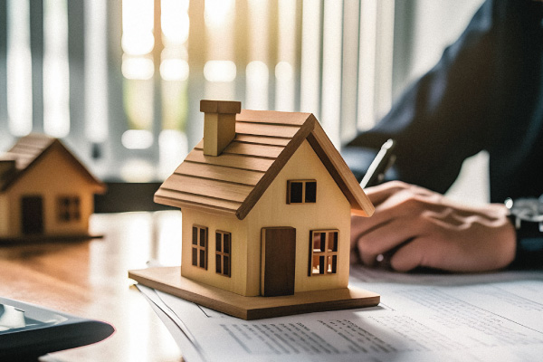 Model house on an office desk and male hands behind - FHA Matrix Mortgage Loans | DG Pinnacle TPO - Wholesale Division | Miami Mortgage Lender